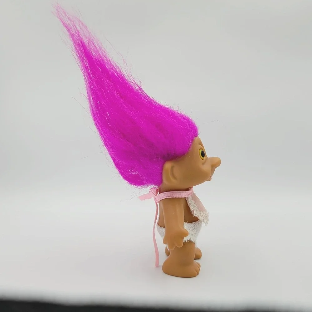 Vintage Russ Small Troll Doll Fuchsia Pink Hair Pink Bib White Diaper Baby 1990s